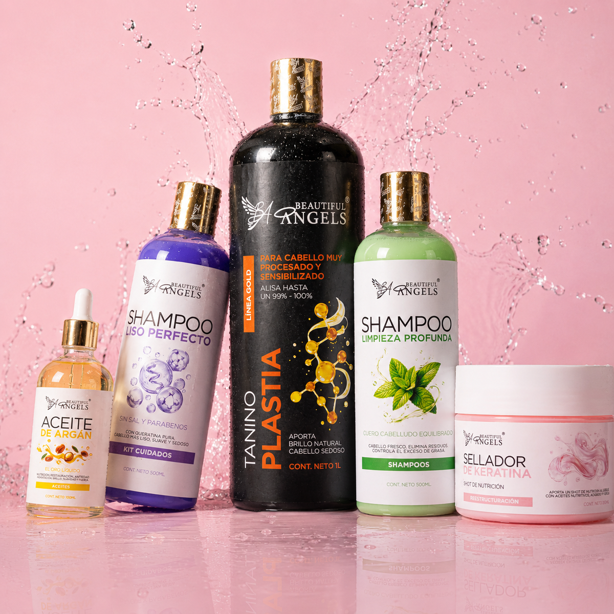Kit Taninoplastia Gold 1L + Shampoo Limpieza Profunda 500ml + Sellador 250ml + Shampoo Liso Perfecto 500ml + Aceite de Argán 100ml