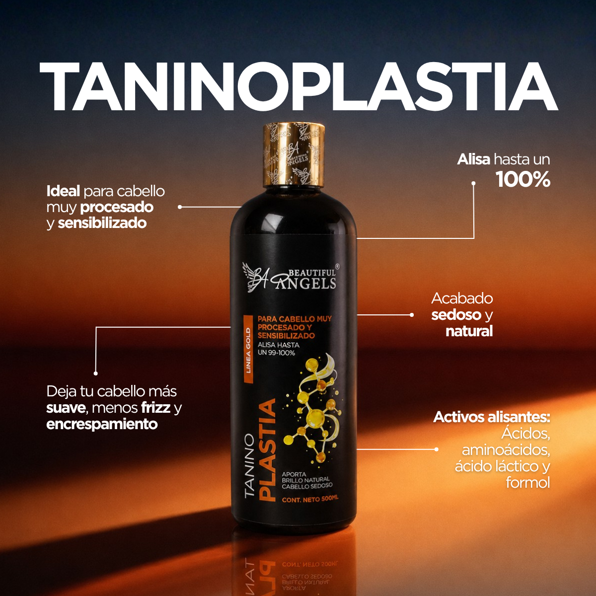 Kit Básico Taninoplastia Gold 500 ml – Beautiful Angels – Control de Frizz Extremo, Acabado Liso, Sedoso y Natural para Cabello Sensibilizado,