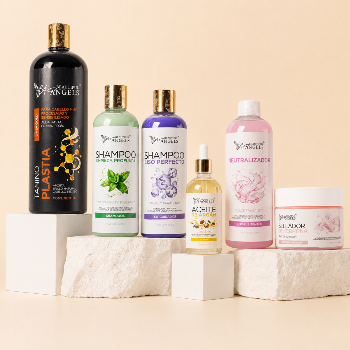 Kit Taninoplastia Gold 1L + Shampoo Limpieza Profunda 500ML + Shampoo Liso Perfecto 500ML + Neutralizador 500ML+ Sellador de Keratina 250ML + Aceite de Argán 100ML