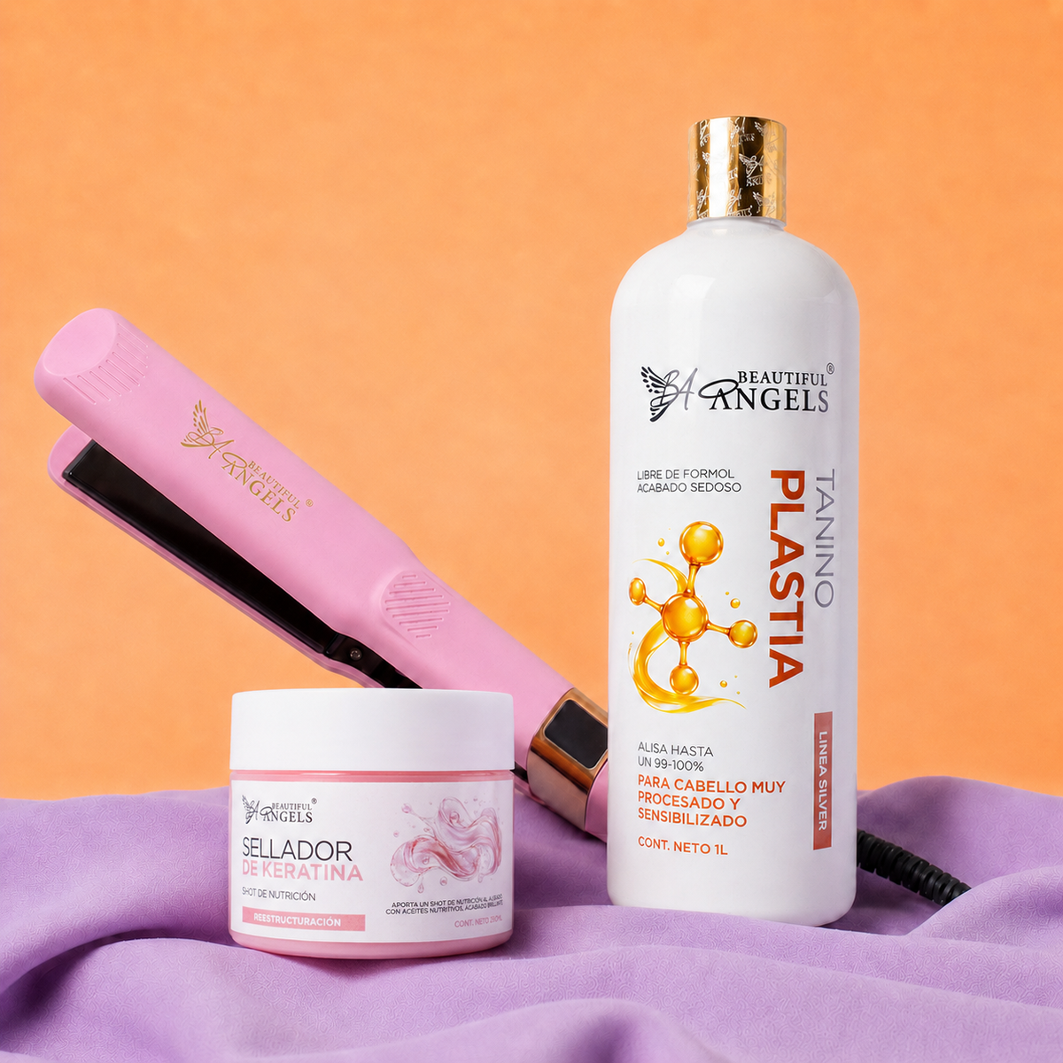 Kit Taninoplastia Silver 1L + Sellador de Keratina 250ml + Plancha Beautiful Angels