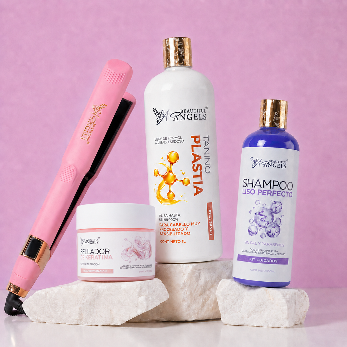 Kit Taninoplastia Silver 1L + Shampoo Liso Perfecto 500ml + Sellador de Keratina 250ml + Plancha Beautiful Angels