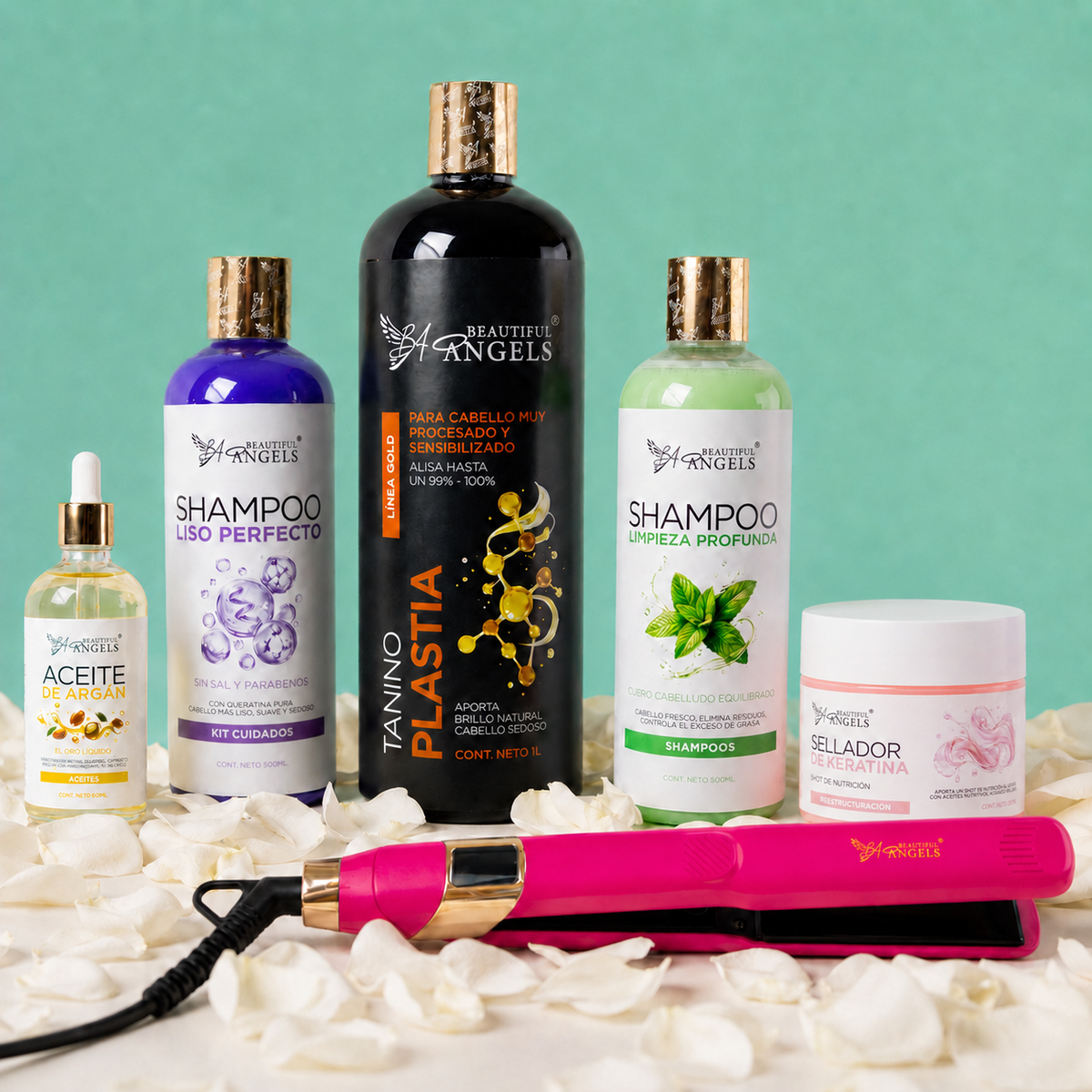 Kit Taninoplastia Gold 1L + Shampoo Limpieza 500ml + Shampoo Liso 500ml + Sellador de Keratina 250ml + Aceite de Argán 100ml + Plancha Beautiful Angels