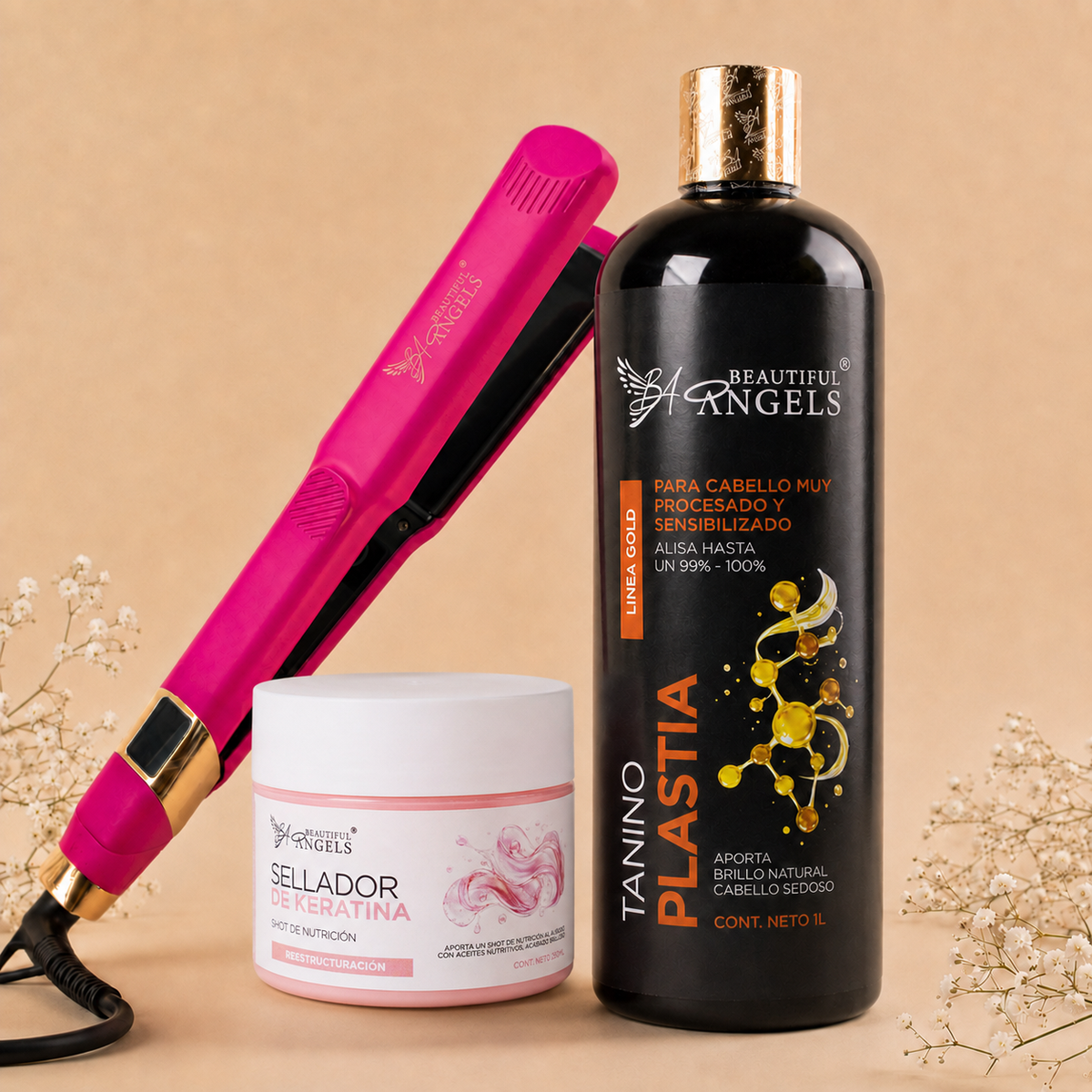 Kit Taninoplastia Gold 1L + Sellador de Keratina 250ml +Plancha Profesional Beautiful Angels