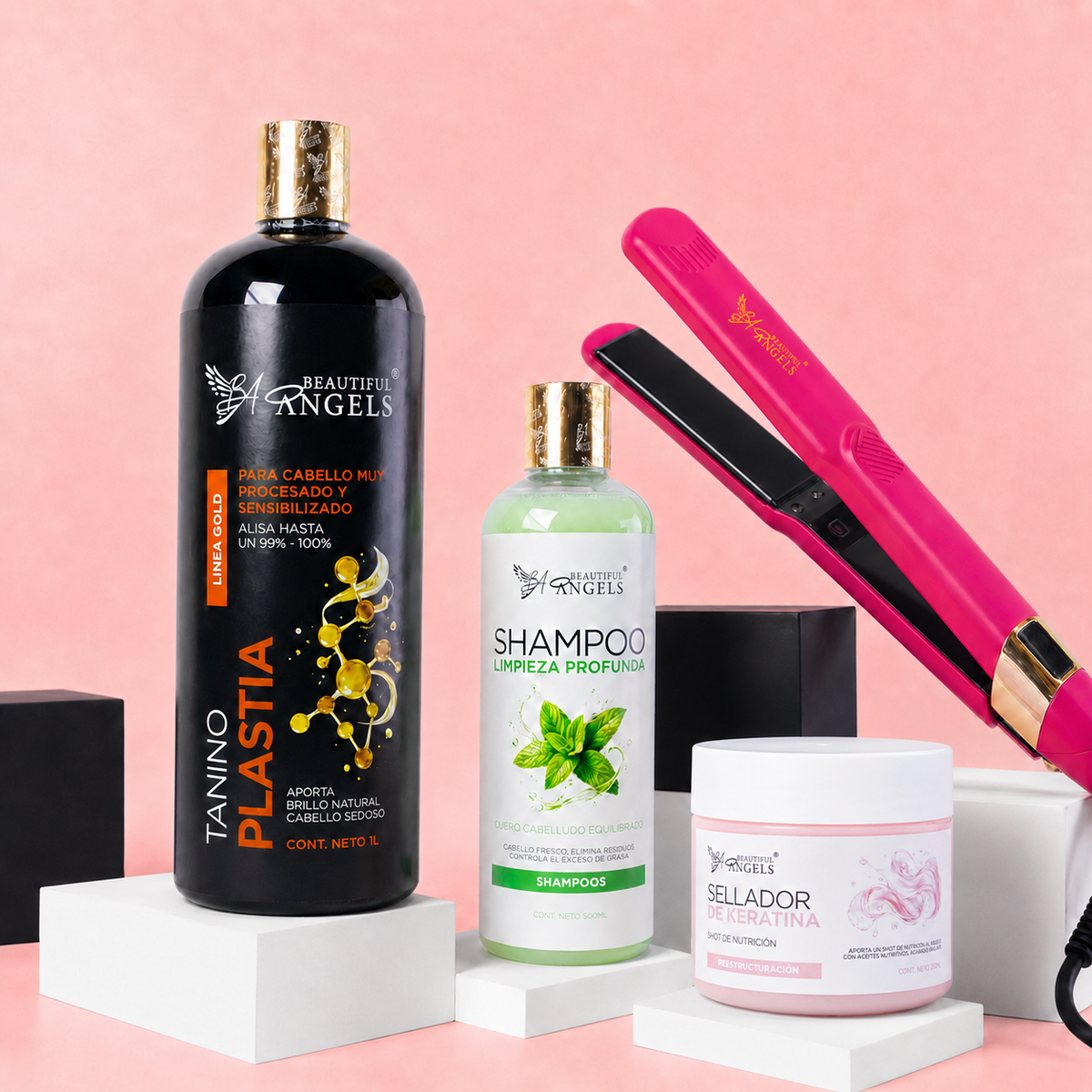 Kit Taninoplastia Gold 1L + Shampoo Limpieza 500ml + Sellador de Keratina 250ml + Plancha Beautiful Angels