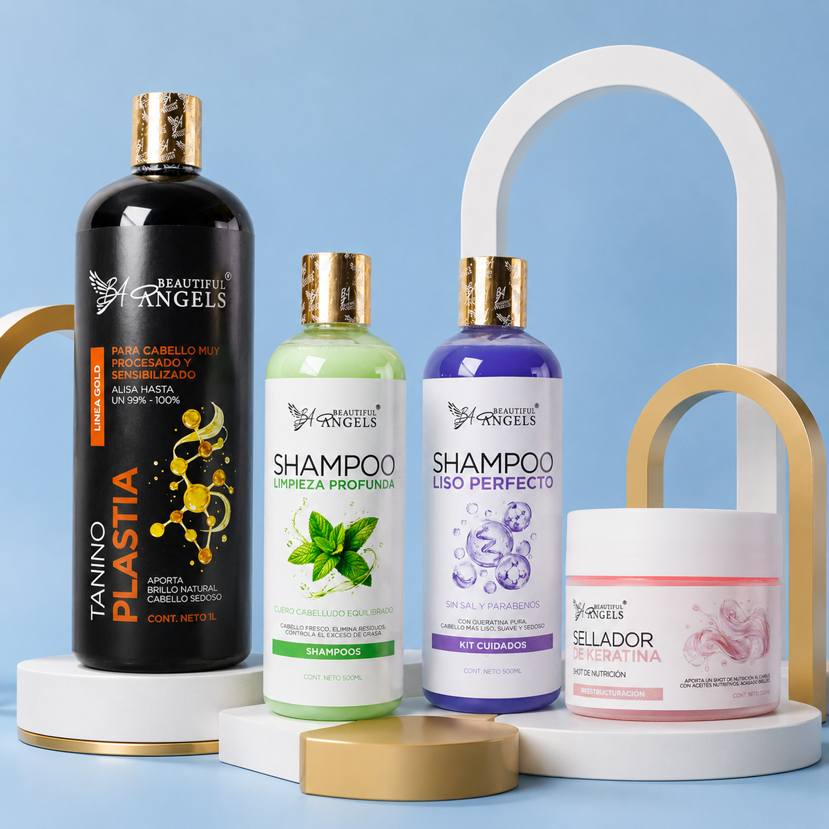 Kit Taninoplastia Gold 1 L + Shampoo Limpieza Profunda 500 ML + Sellador de Keratina 250 ML + Shampoo Liso Perfecto 500 ML